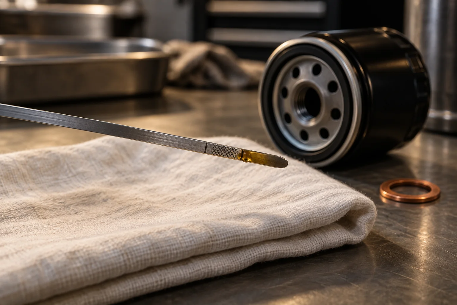 Illustrative dipstick level inspection with an unbranded filter and sealing washer