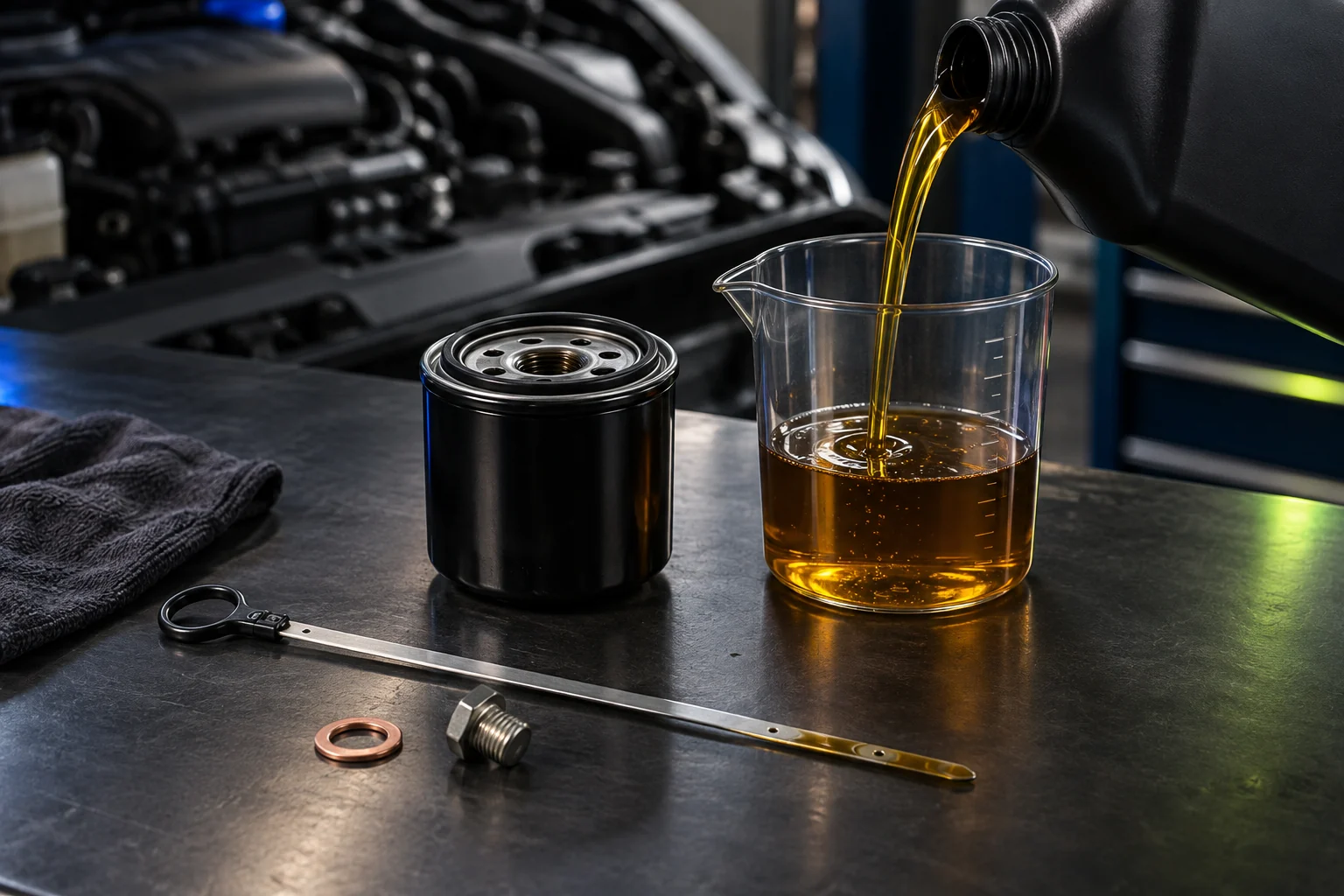 Illustrative engine oil, oil filter, dipstick, and service hardware