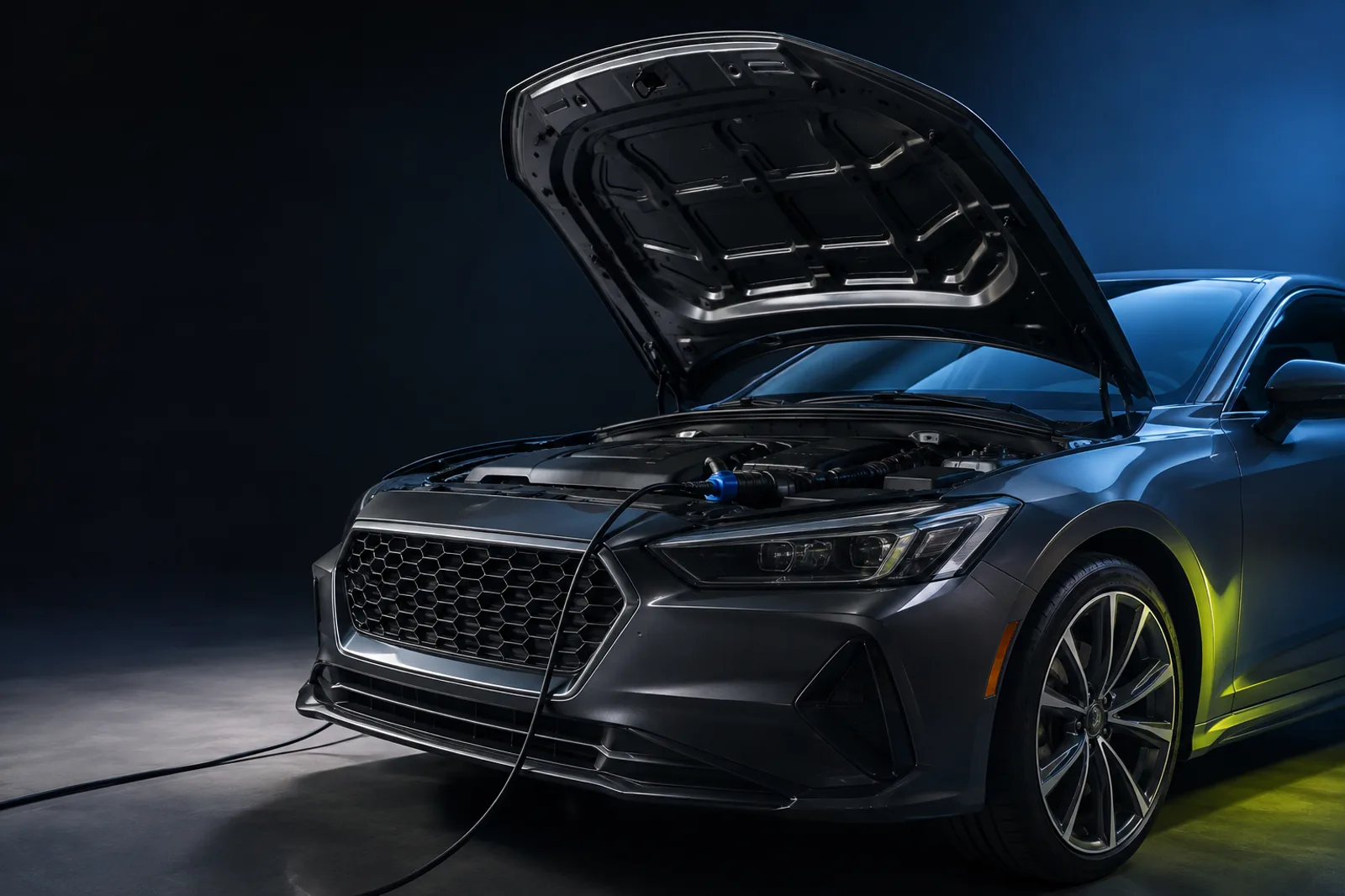 Illustrative unbranded car prepared for diagnostic checks